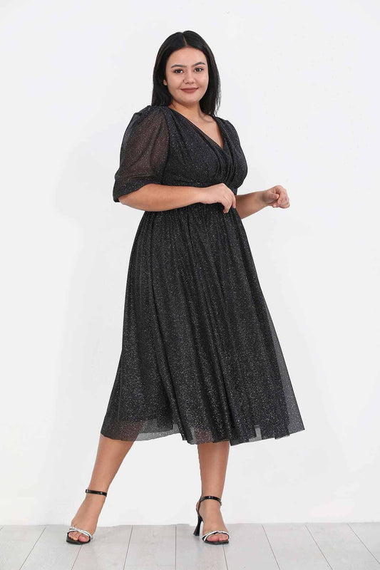 Abendkleid In Großen Größen Mit Plissierter Taille, Schwarz