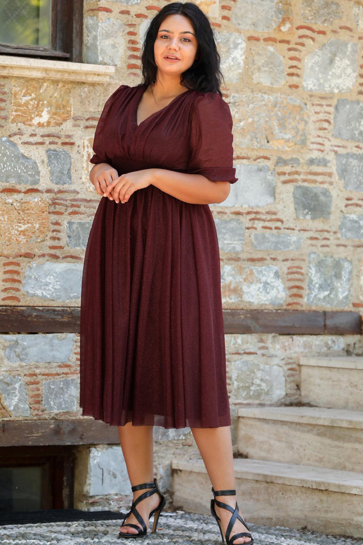 Plus - Size Pleated Waist Evening Dress, Burgundy