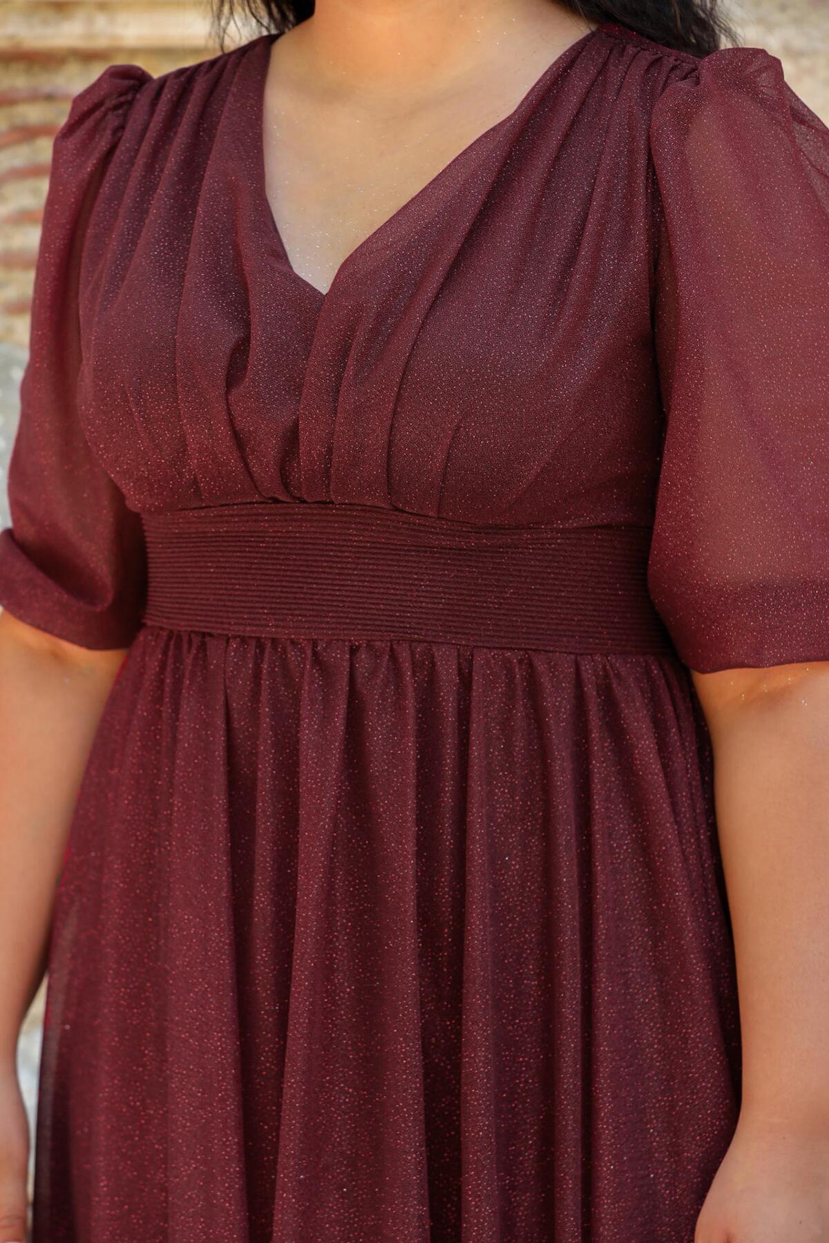 Plus - Size Pleated Waist Evening Dress, Burgundy
