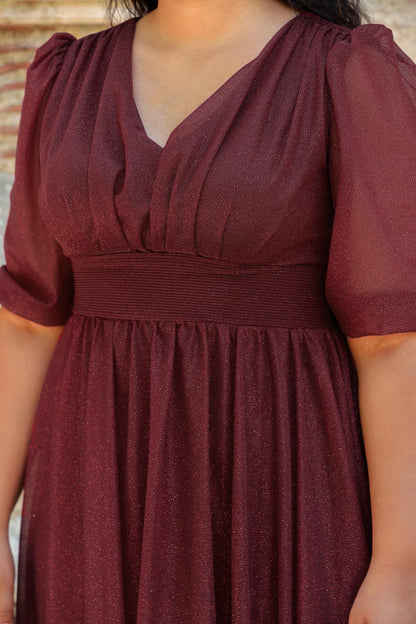 Plus - Size Pleated Waist Evening Dress, Burgundy