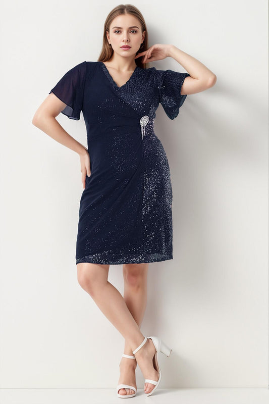 Midi‑Kleid In Großen Größen Mit Taillenbrosche — Marineblau