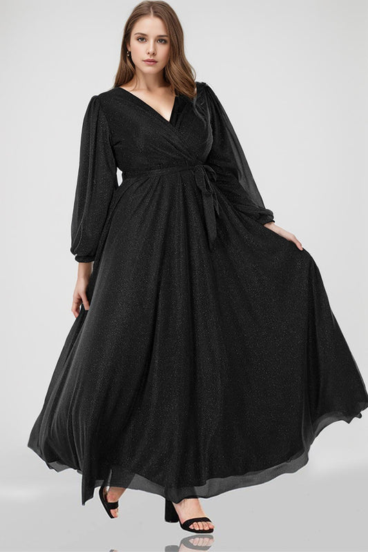 Plus - Size Long Glitter Evening Dress — Black
