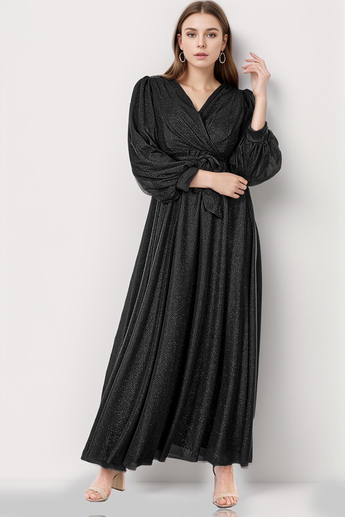 Plus - Size Lange Glitter Galajurk – Zwart