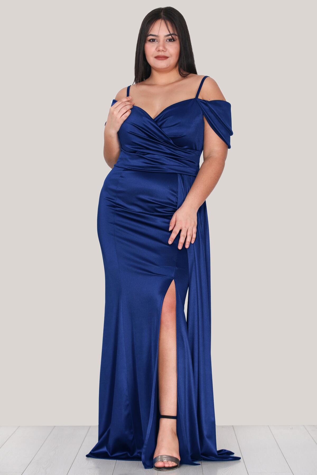 Satijnen Avondjurk Met Smalle Bandjes, Plus - Size — Royal Blue