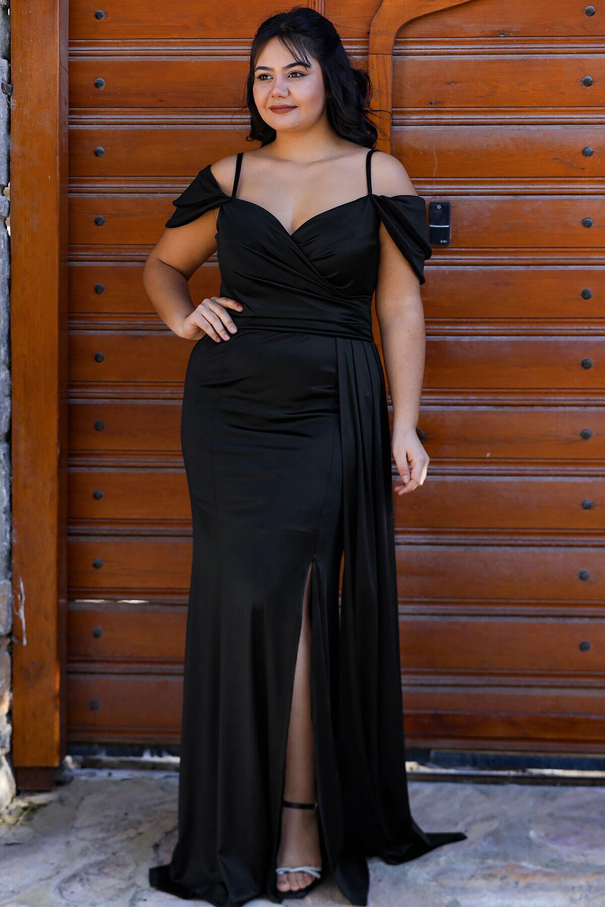 Satijnen Avondjurk Met Smalle Bandjes, Plus - Size — Zwart