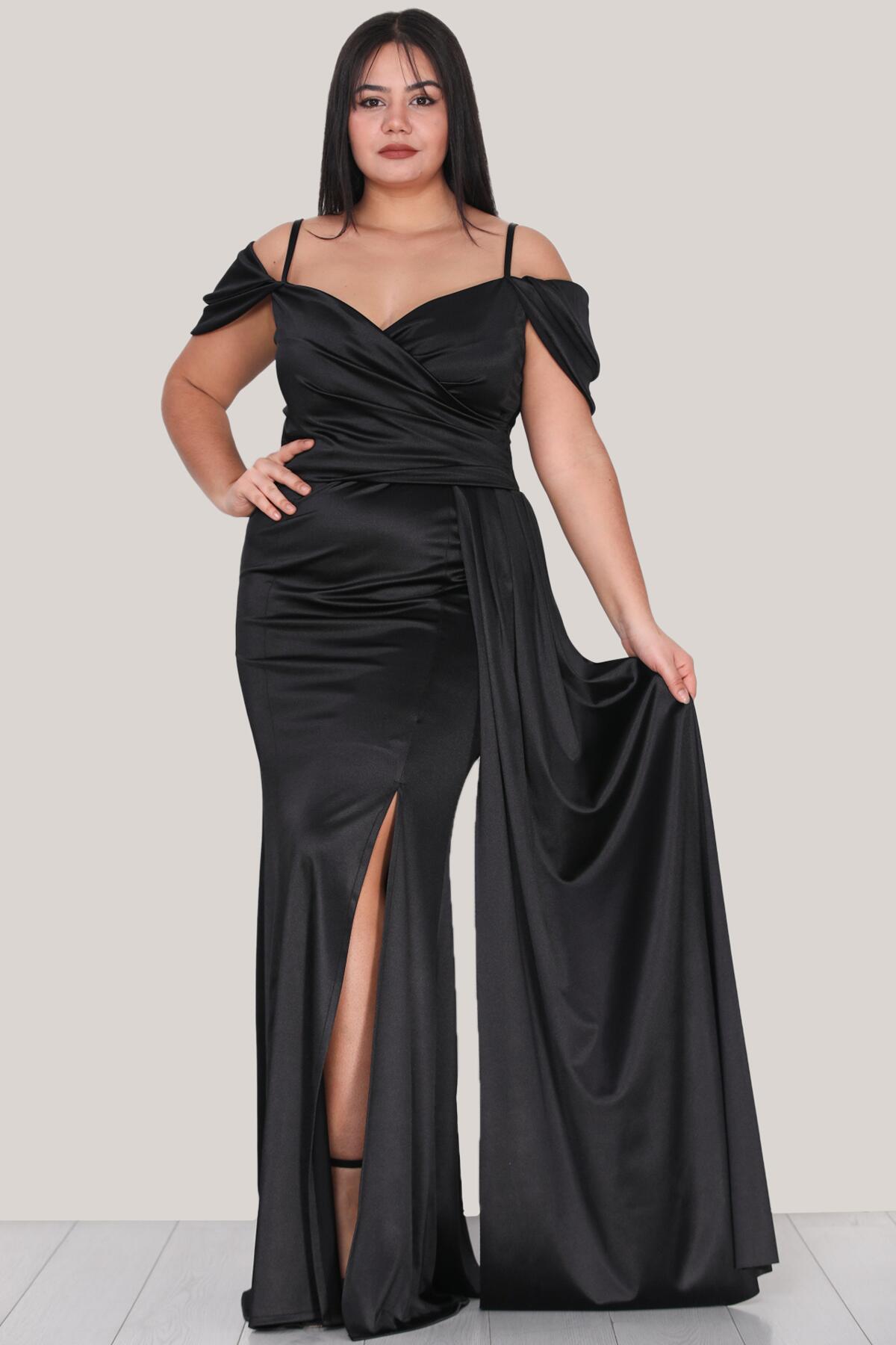 Satijnen Avondjurk Met Smalle Bandjes, Plus - Size — Zwart