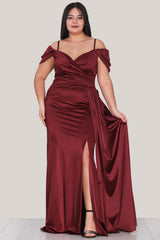 Plus - Size Satijnen Avondjurk Met Bandjes — Bordeaux