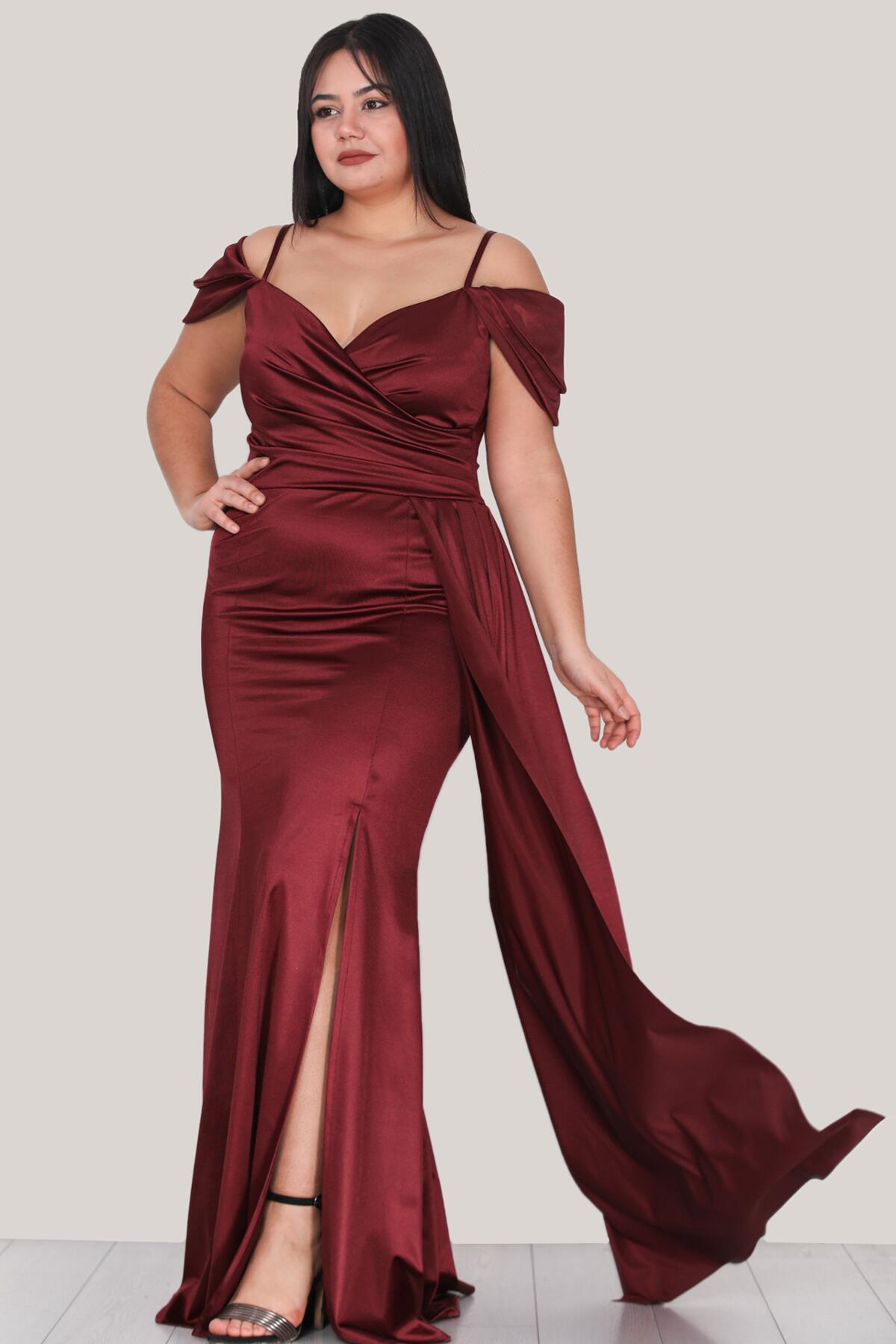 Plus - Size Satijnen Avondjurk Met Bandjes — Bordeaux