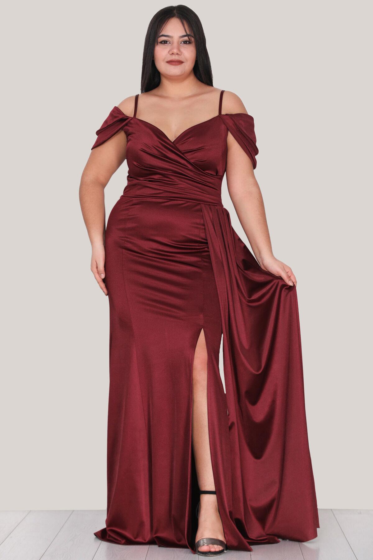 Plus - Size Satijnen Avondjurk Met Bandjes — Bordeaux