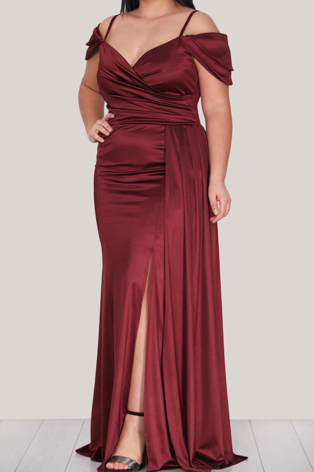 Plus - Size Satijnen Avondjurk Met Bandjes — Bordeaux