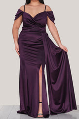 Robe De Soirée Grande Taille En Satin À Bretelles — Violet Foncé
