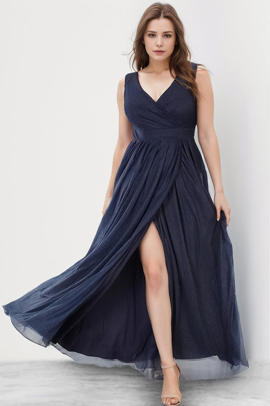 Plus‑Size Sparkle Long Evening Dress — Navy