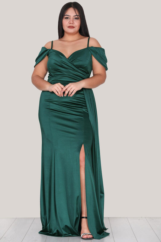 Smaragdgrünes Satin - Abendkleid Mit Trägern — Große Größen