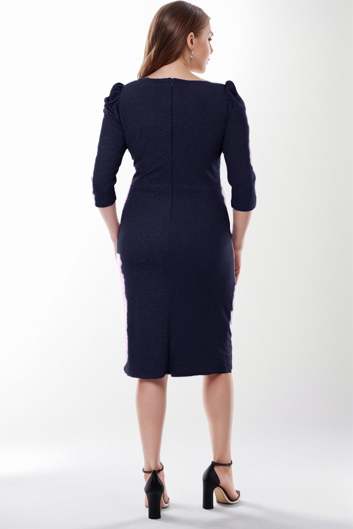 Midi - Jurk Met Glitter – Grote Maten, Marineblauw