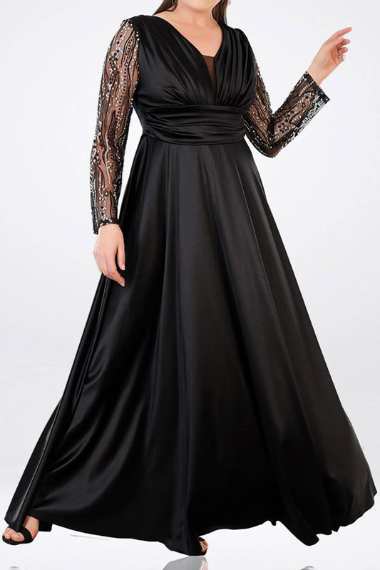 Plus - Size Satin Long Evening Dress — Black