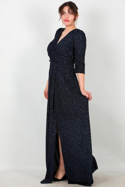 Plus‑Size Long Evening Dress With Glitter Elbow‑Length Sleeves — Navy