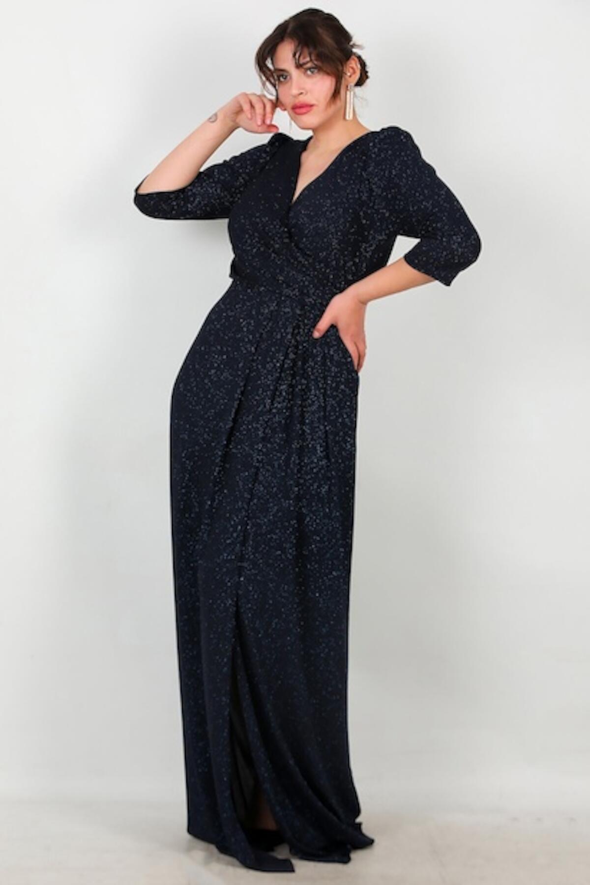 Plus‑Size Long Evening Dress With Glitter Elbow‑Length Sleeves — Navy