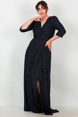 Plus‑Size Lange Avondjurk Met Glinsterende Elleboogmouwen — Marineblauw