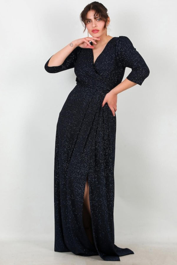 Plus‑Size Lange Avondjurk Met Glinsterende Elleboogmouwen — Marineblauw