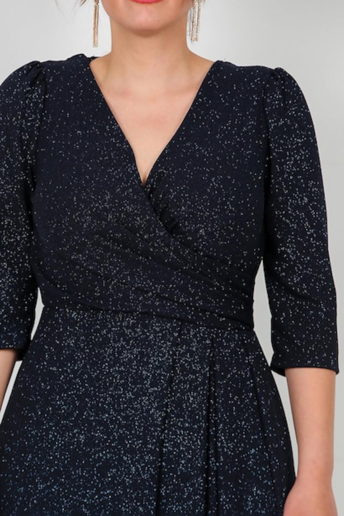 Plus‑Size Long Evening Dress With Glitter Elbow‑Length Sleeves — Navy