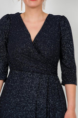 Plus‑Size Lange Avondjurk Met Glinsterende Elleboogmouwen — Marineblauw