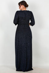 Plus‑Size Lange Avondjurk Met Glinsterende Elleboogmouwen — Marineblauw