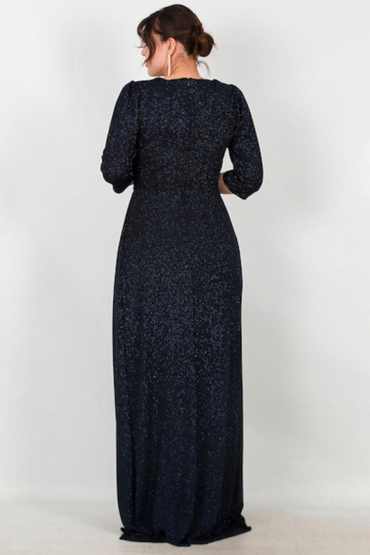 Plus‑Size Lange Avondjurk Met Glinsterende Elleboogmouwen — Marineblauw