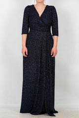 Plus‑Size Lange Avondjurk Met Glinsterende Elleboogmouwen — Marineblauw