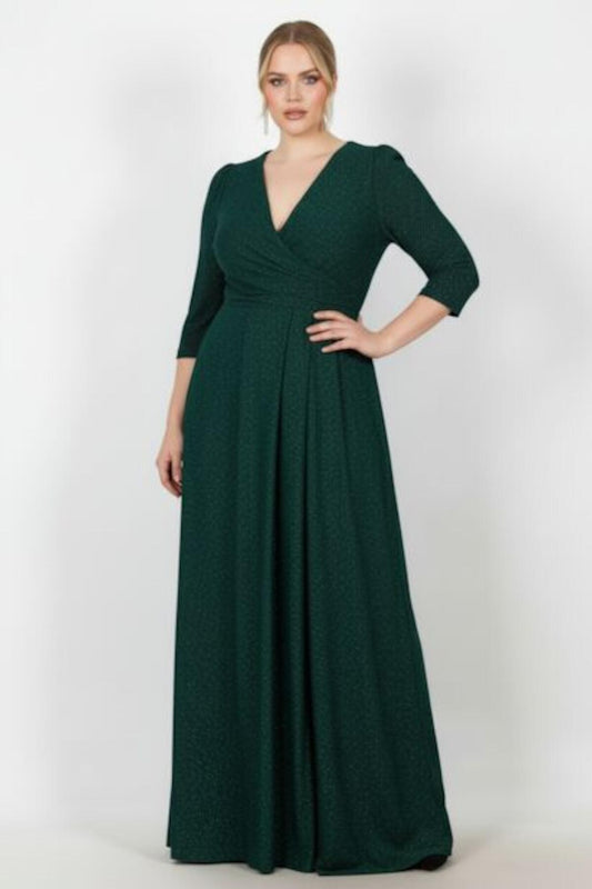 Plus - Size Long Glitter Evening Dress With Elbow Sleeves — Emerald