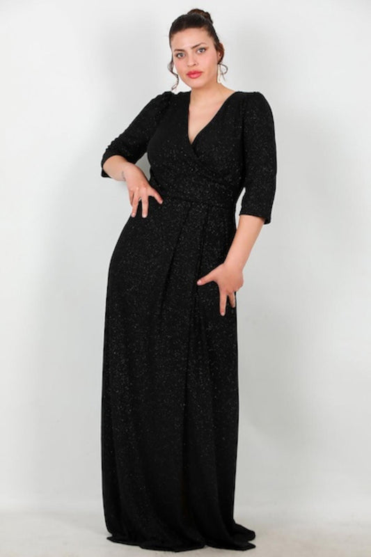 Plus - Size Long Glitter Evening Dress With Elbow - Length Sleeves — Black