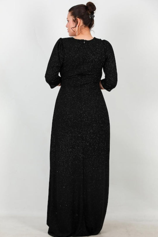 Plus - Size Long Glitter Evening Dress With Elbow - Length Sleeves — Black