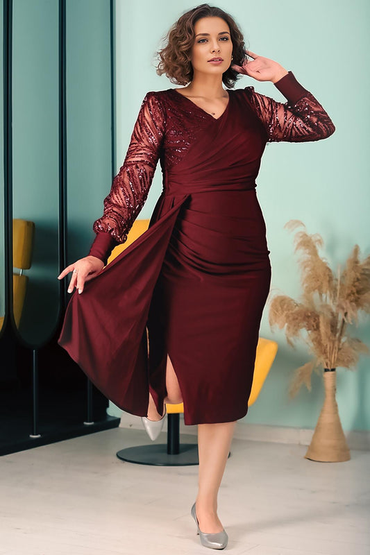 Abendkleid In Großen Größen Mit Paillettenärmeln – Bordeaux