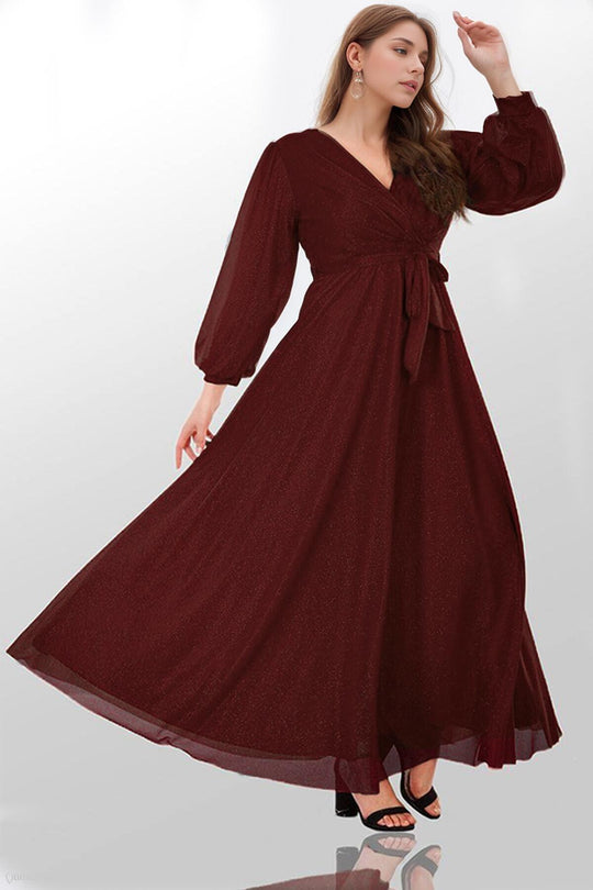 Plus - Size Lange Glitterjurk – Bordeaux