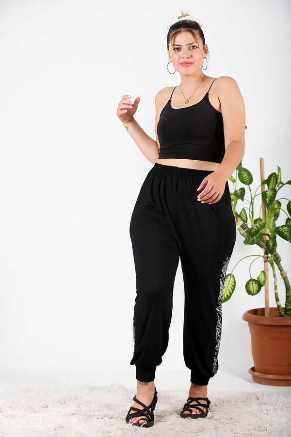 Plus - Size Şalvar Met Stenen Langs De Zijkant – Zwart