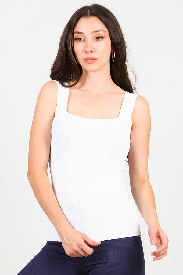 Geribbelde Trui Met Vierkante Hals – Off‑White