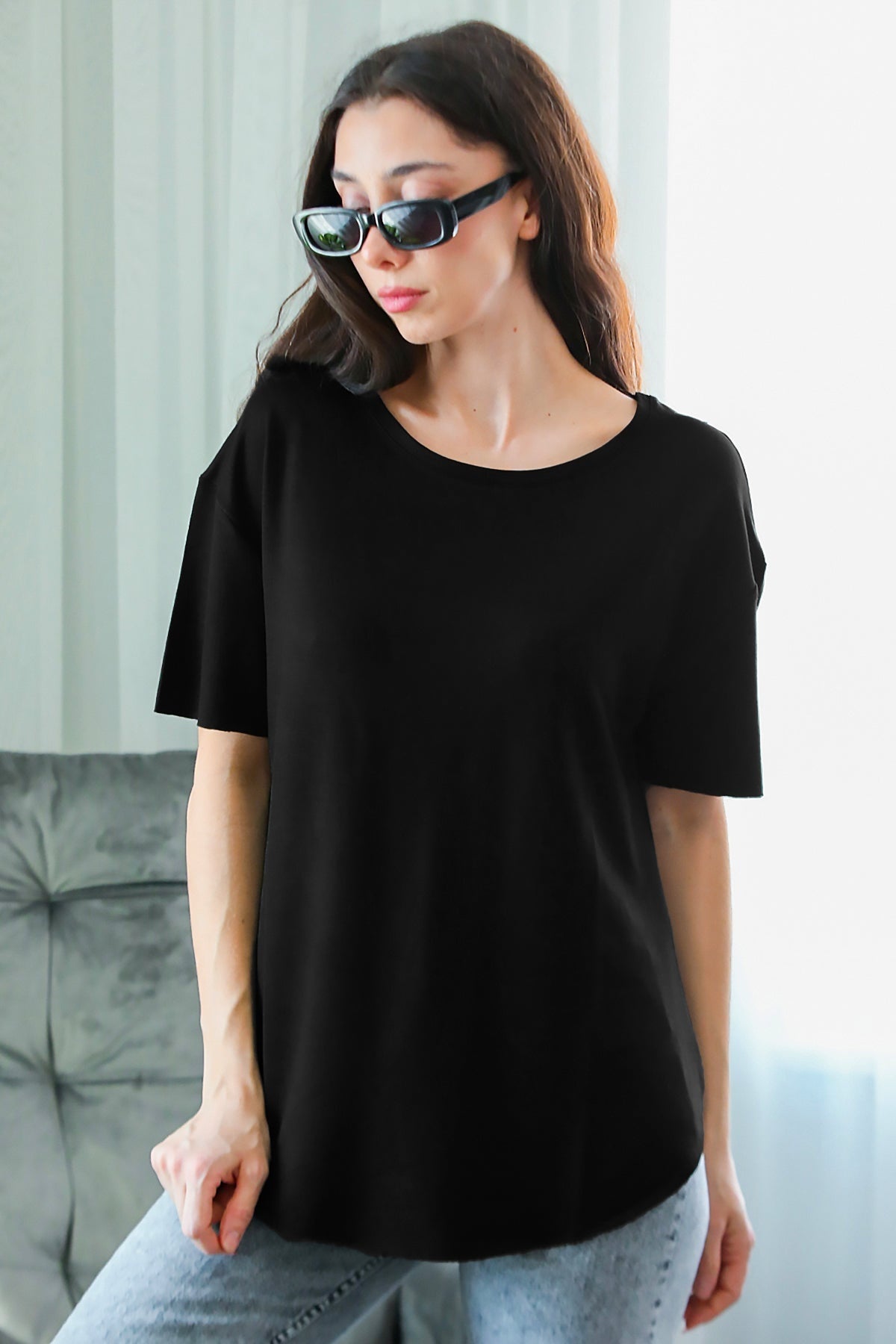 T‑Shirt Met Ovalen Zoom En Ronde Hals, Zwart