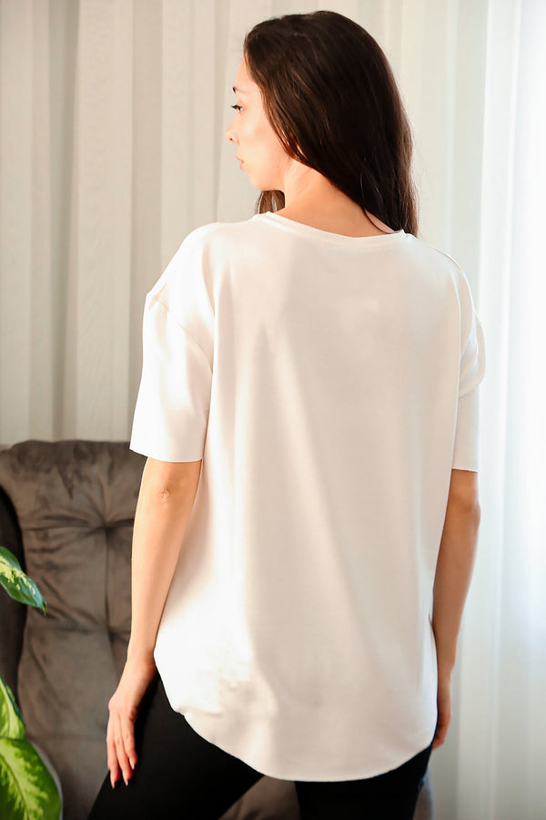 T - Shirt Met Afgeronde Zoom En Ronde Hals – Off - White