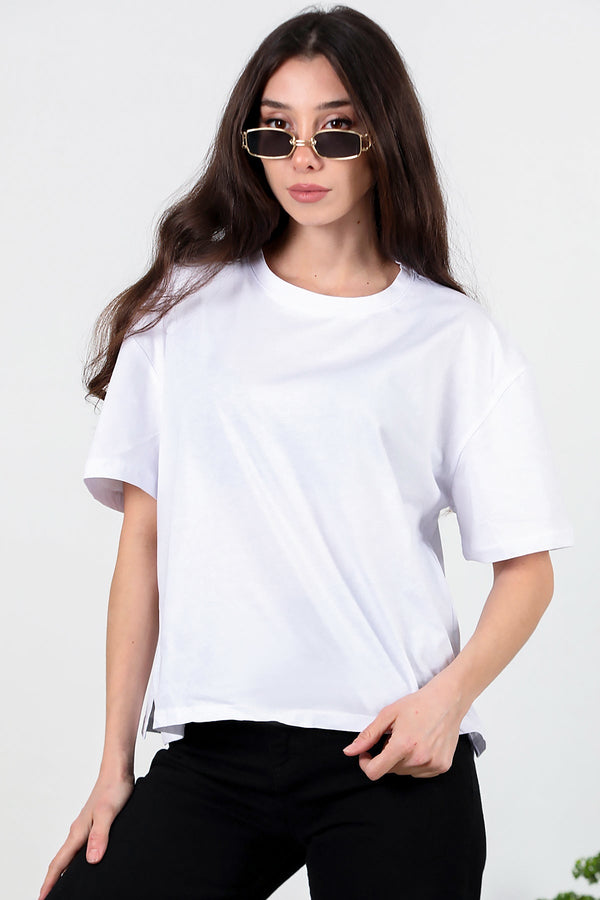 Oversized T - Shirt Met Ronde Hals En Zijsplitsing – Off - White