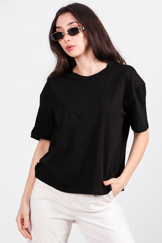 Oversized T - Shirt Met Zijsplit, Ronde Hals — Zwart