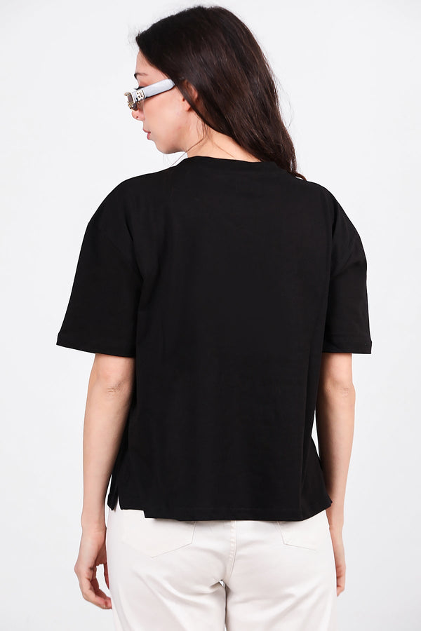 Oversized T - Shirt Met Zijsplit, Ronde Hals — Zwart