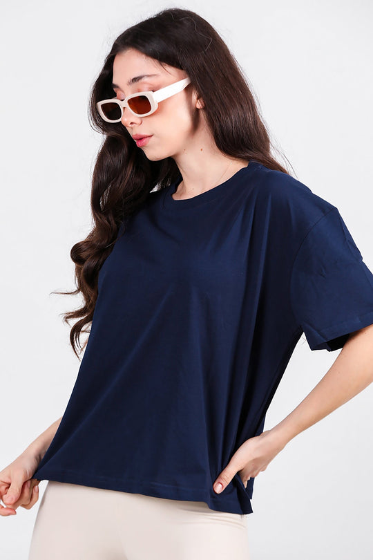 Oversized T - Shirt Met Zijsplit, Ronde Hals — Donkerblauw