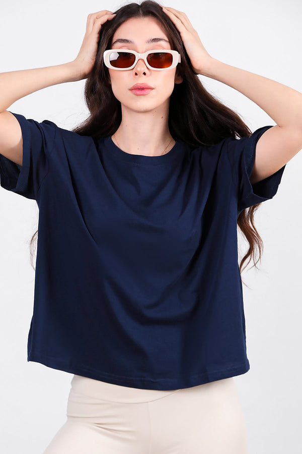 Oversized T - Shirt Met Zijsplit, Ronde Hals — Donkerblauw