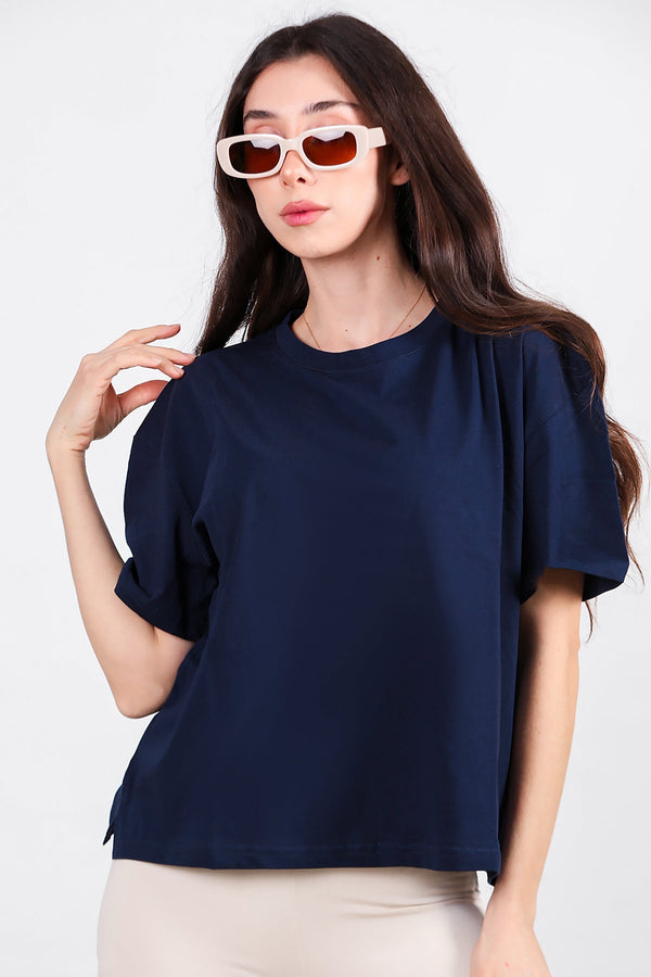 Oversized T - Shirt Met Zijsplit, Ronde Hals — Donkerblauw