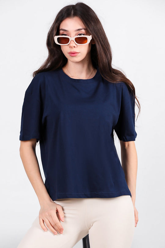 Oversized T - Shirt Met Zijsplit, Ronde Hals — Donkerblauw