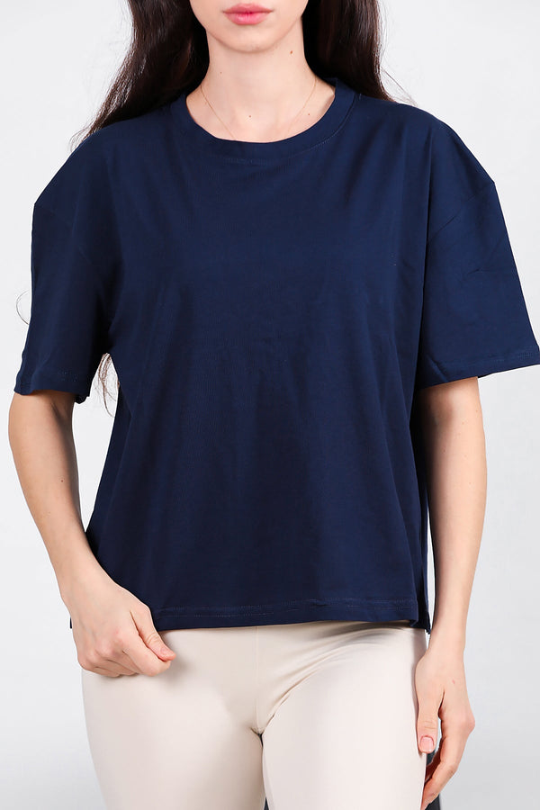 Oversized T - Shirt Met Zijsplit, Ronde Hals — Donkerblauw