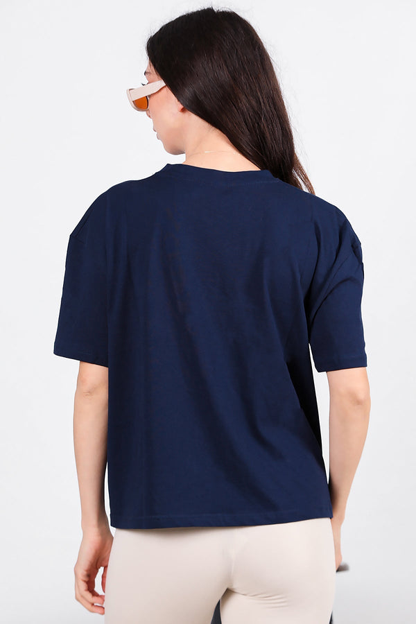 Oversized T - Shirt Met Zijsplit, Ronde Hals — Donkerblauw