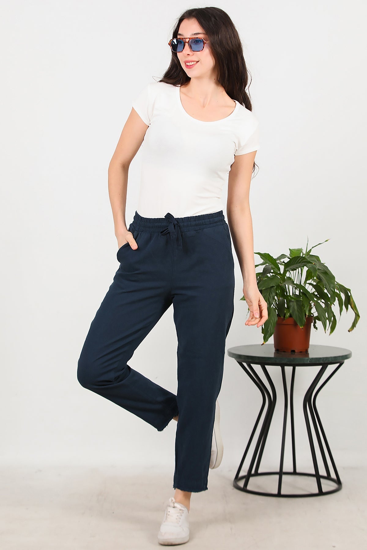 Katoenen Broek Met Franjes — Navy