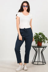 Pantalon À Ourlet Frangé En Coton — Bleu Marine