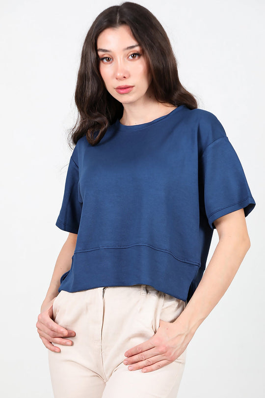 T - Shirt Met Ronde Hals En Zijsplit – Donkerblauw