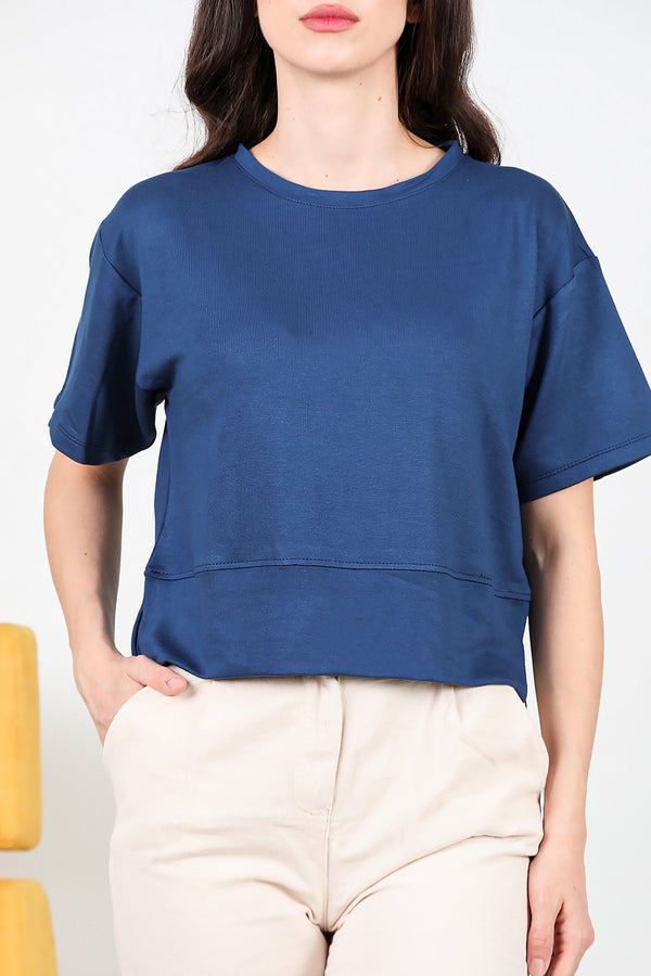 T - Shirt Met Ronde Hals En Zijsplit – Donkerblauw